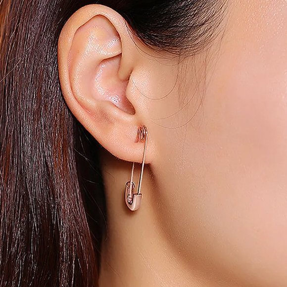 Minimalist Gold Safety Pin Earrings NEW - Picture 3 of 7